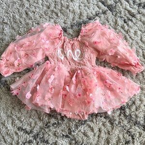 Pink One-Embroidered Tulle Baby Dress with Floral Appliqué